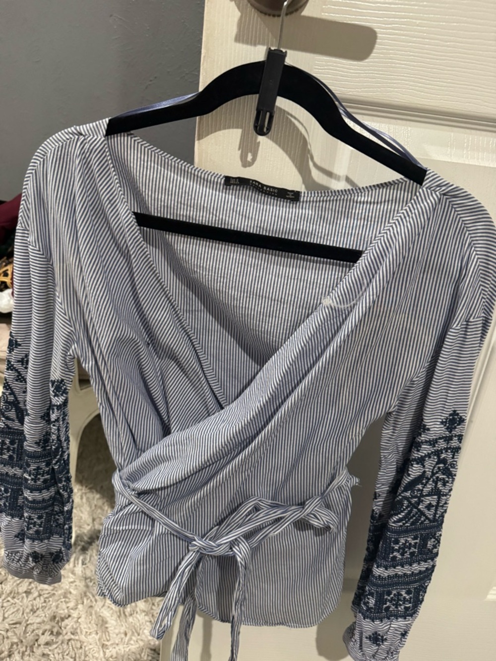Zara Basic Blue & White Striped Wrap Blouse